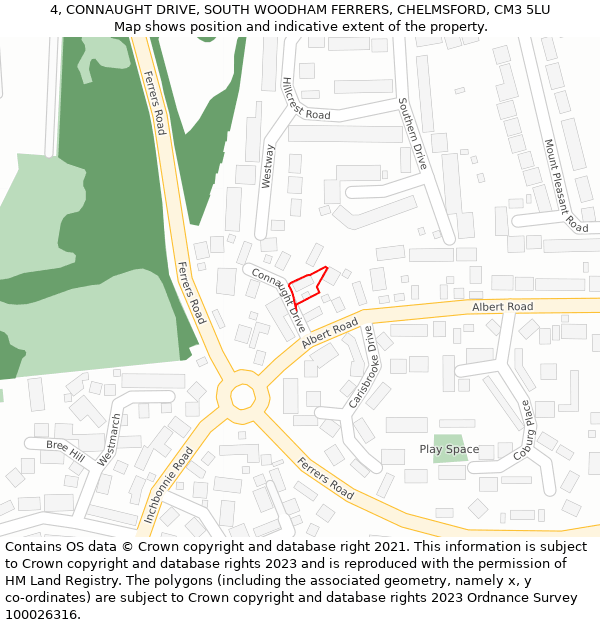 4, CONNAUGHT DRIVE, SOUTH WOODHAM FERRERS, CHELMSFORD, CM3 5LU: Location map and indicative extent of plot