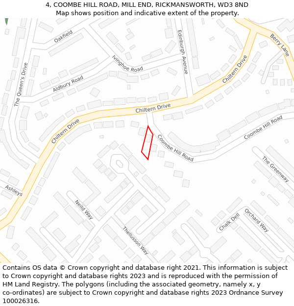 4, COOMBE HILL ROAD, MILL END, RICKMANSWORTH, WD3 8ND: Location map and indicative extent of plot