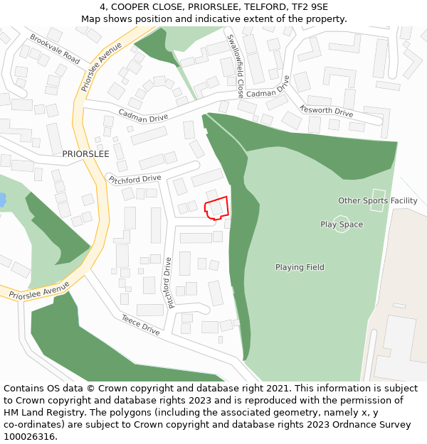 4, COOPER CLOSE, PRIORSLEE, TELFORD, TF2 9SE: Location map and indicative extent of plot