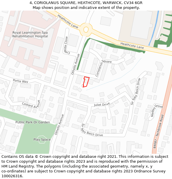 4, CORIOLANUS SQUARE, HEATHCOTE, WARWICK, CV34 6GR: Location map and indicative extent of plot