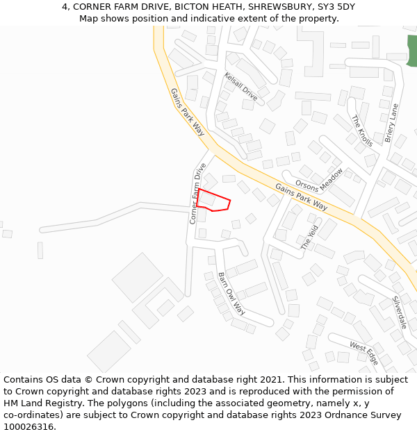 4, CORNER FARM DRIVE, BICTON HEATH, SHREWSBURY, SY3 5DY: Location map and indicative extent of plot