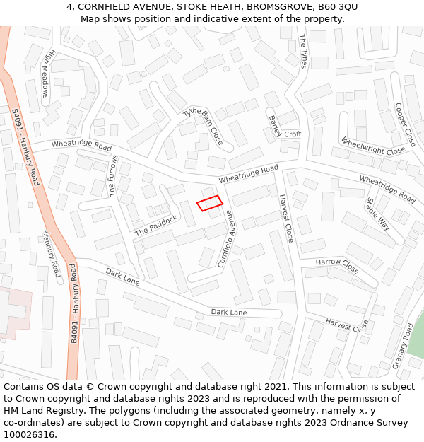 4, CORNFIELD AVENUE, STOKE HEATH, BROMSGROVE, B60 3QU: Location map and indicative extent of plot