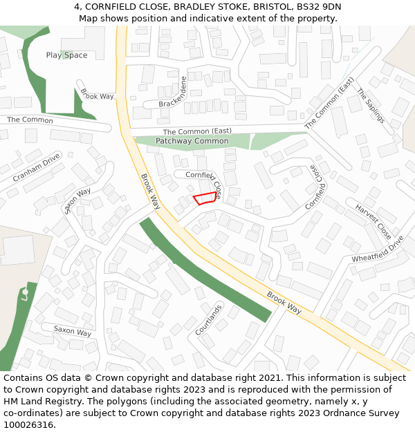 4, CORNFIELD CLOSE, BRADLEY STOKE, BRISTOL, BS32 9DN: Location map and indicative extent of plot