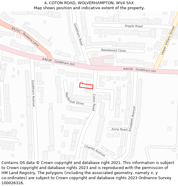 4, COTON ROAD, WOLVERHAMPTON, WV4 5AX: Location map and indicative extent of plot