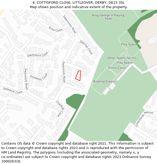 4, COTTISFORD CLOSE, LITTLEOVER, DERBY, DE23 3SL: Location map and indicative extent of plot