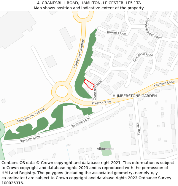 4, CRANESBILL ROAD, HAMILTON, LEICESTER, LE5 1TA: Location map and indicative extent of plot