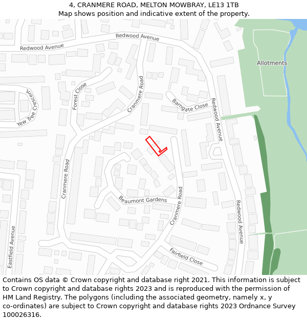 4, CRANMERE ROAD, MELTON MOWBRAY, LE13 1TB: Location map and indicative extent of plot