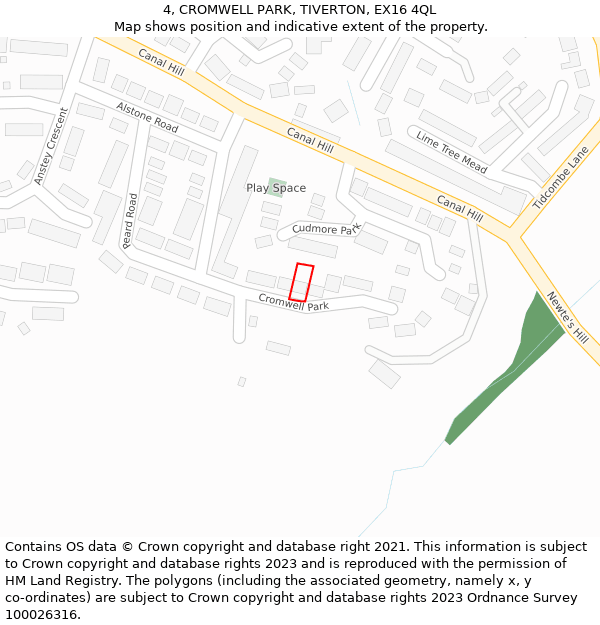4, CROMWELL PARK, TIVERTON, EX16 4QL: Location map and indicative extent of plot
