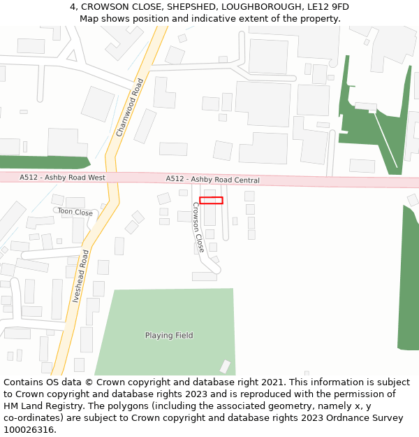 4, CROWSON CLOSE, SHEPSHED, LOUGHBOROUGH, LE12 9FD: Location map and indicative extent of plot