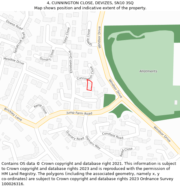 4, CUNNINGTON CLOSE, DEVIZES, SN10 3SQ: Location map and indicative extent of plot