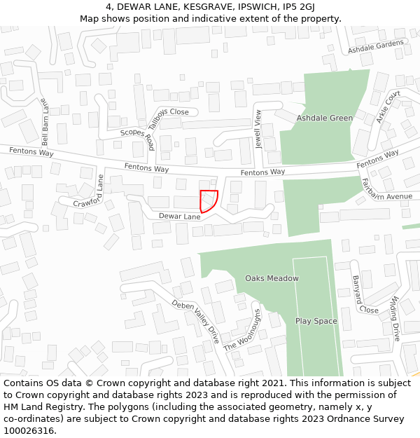 4, DEWAR LANE, KESGRAVE, IPSWICH, IP5 2GJ: Location map and indicative extent of plot