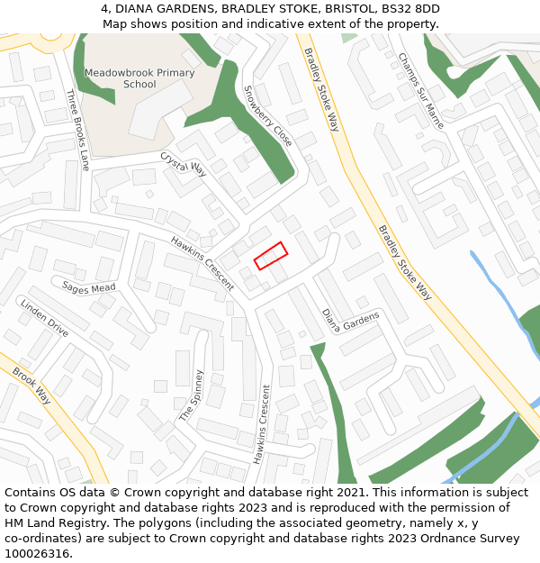 4, DIANA GARDENS, BRADLEY STOKE, BRISTOL, BS32 8DD: Location map and indicative extent of plot