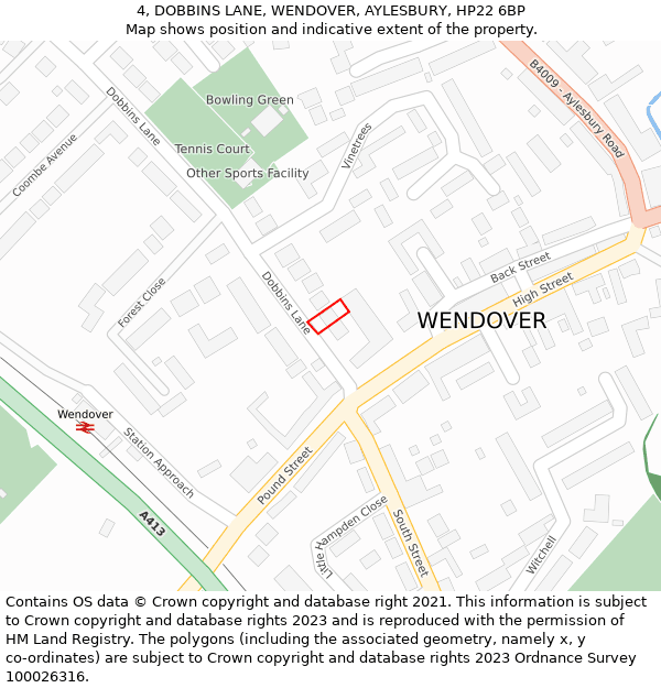 4, DOBBINS LANE, WENDOVER, AYLESBURY, HP22 6BP: Location map and indicative extent of plot