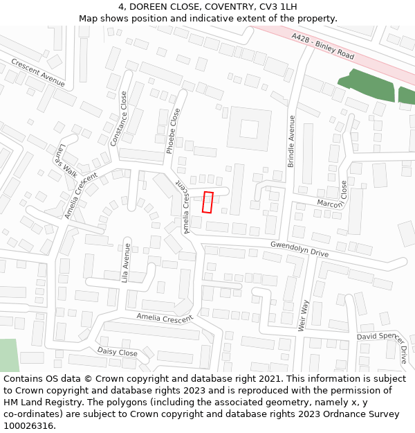 4, DOREEN CLOSE, COVENTRY, CV3 1LH: Location map and indicative extent of plot