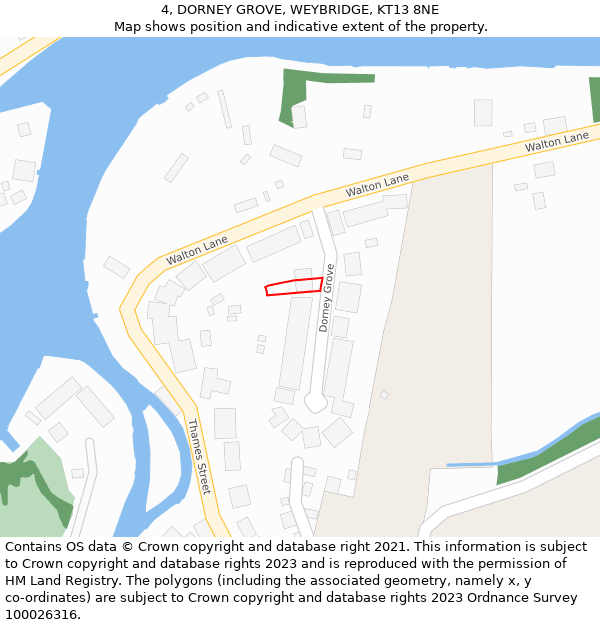 4, DORNEY GROVE, WEYBRIDGE, KT13 8NE: Location map and indicative extent of plot