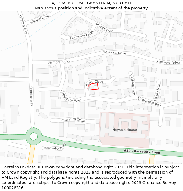 4, DOVER CLOSE, GRANTHAM, NG31 8TF: Location map and indicative extent of plot