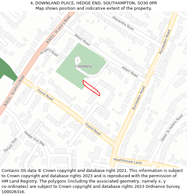 4, DOWNLAND PLACE, HEDGE END, SOUTHAMPTON, SO30 0PR: Location map and indicative extent of plot