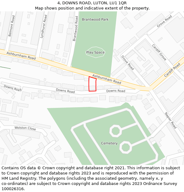 4, DOWNS ROAD, LUTON, LU1 1QR: Location map and indicative extent of plot