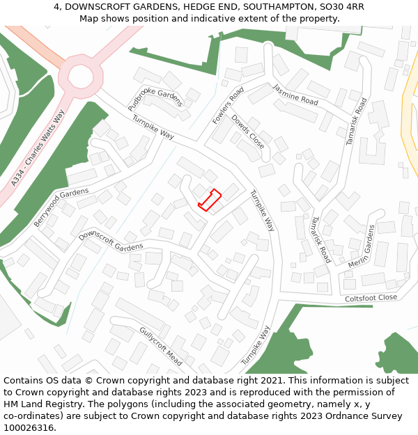 4, DOWNSCROFT GARDENS, HEDGE END, SOUTHAMPTON, SO30 4RR: Location map and indicative extent of plot