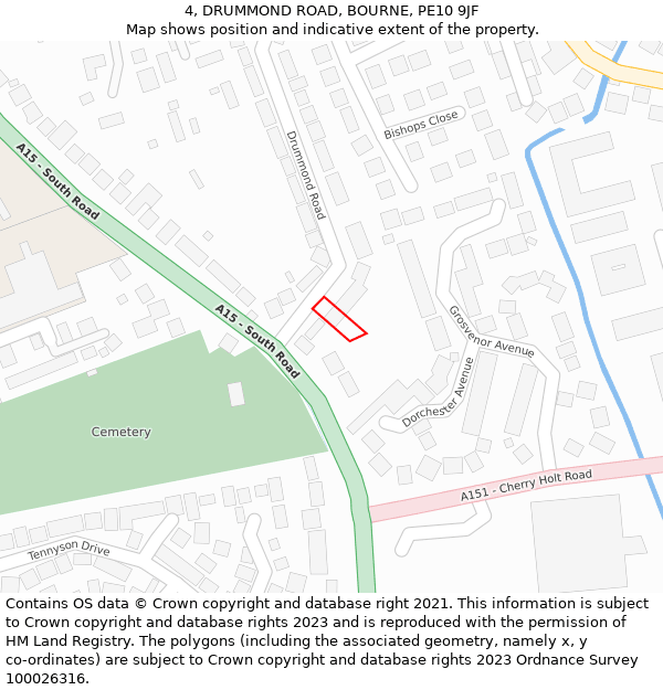 4, DRUMMOND ROAD, BOURNE, PE10 9JF: Location map and indicative extent of plot