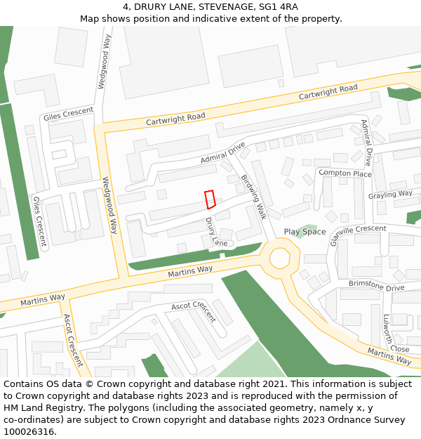 4, DRURY LANE, STEVENAGE, SG1 4RA: Location map and indicative extent of plot