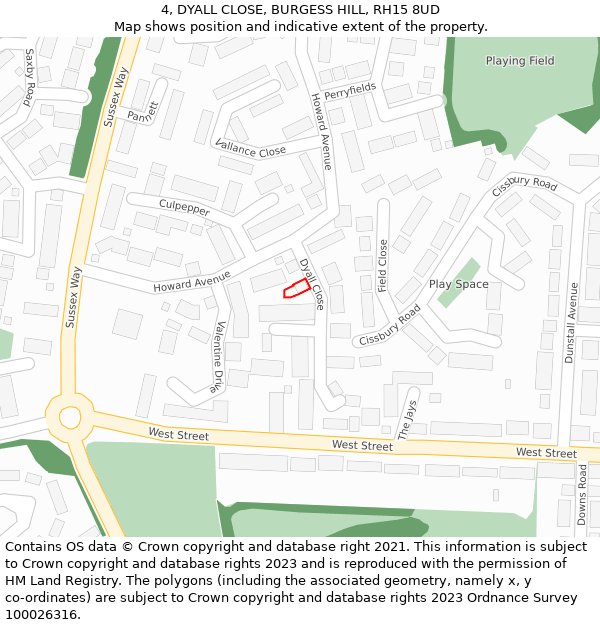 4, DYALL CLOSE, BURGESS HILL, RH15 8UD: Location map and indicative extent of plot