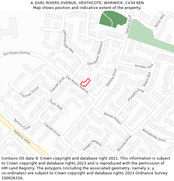 4, EARL RIVERS AVENUE, HEATHCOTE, WARWICK, CV34 6EN: Location map and indicative extent of plot