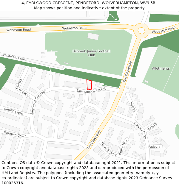 4, EARLSWOOD CRESCENT, PENDEFORD, WOLVERHAMPTON, WV9 5RL: Location map and indicative extent of plot