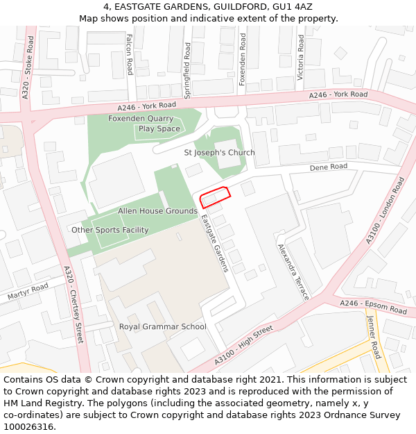 4, EASTGATE GARDENS, GUILDFORD, GU1 4AZ: Location map and indicative extent of plot