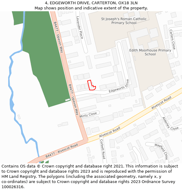 4, EDGEWORTH DRIVE, CARTERTON, OX18 3LN: Location map and indicative extent of plot