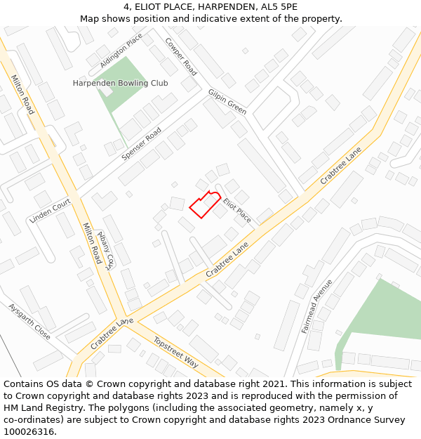 4, ELIOT PLACE, HARPENDEN, AL5 5PE: Location map and indicative extent of plot