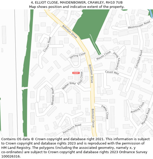 4, ELLIOT CLOSE, MAIDENBOWER, CRAWLEY, RH10 7UB: Location map and indicative extent of plot