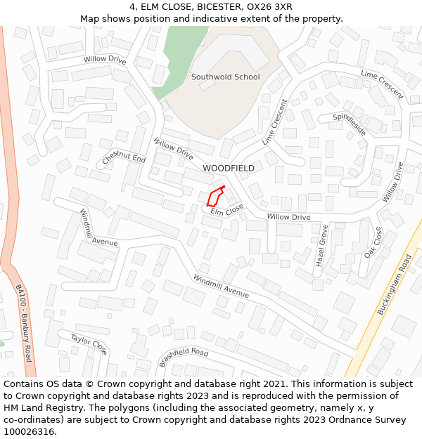 4, ELM CLOSE, BICESTER, OX26 3XR: Location map and indicative extent of plot