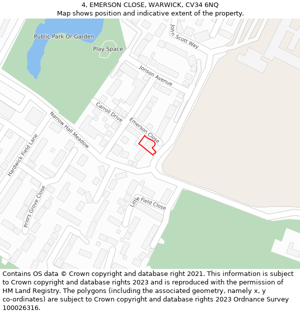 4, EMERSON CLOSE, WARWICK, CV34 6NQ: Location map and indicative extent of plot