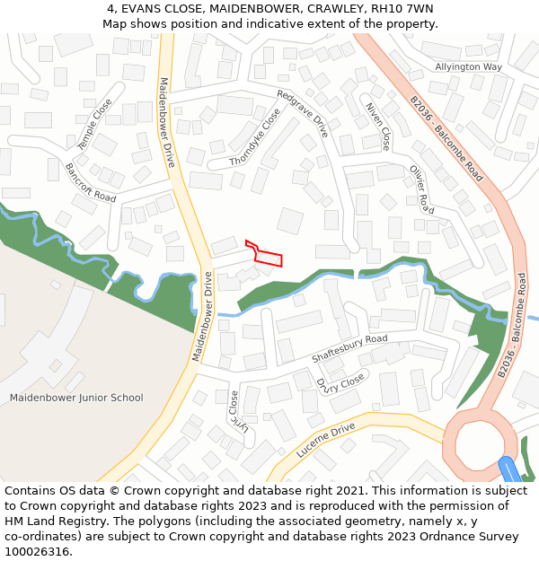 4, EVANS CLOSE, MAIDENBOWER, CRAWLEY, RH10 7WN: Location map and indicative extent of plot