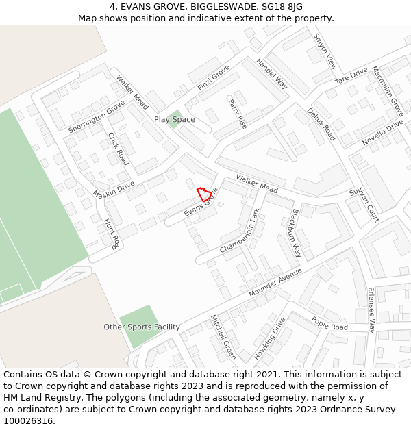 4, EVANS GROVE, BIGGLESWADE, SG18 8JG: Location map and indicative extent of plot