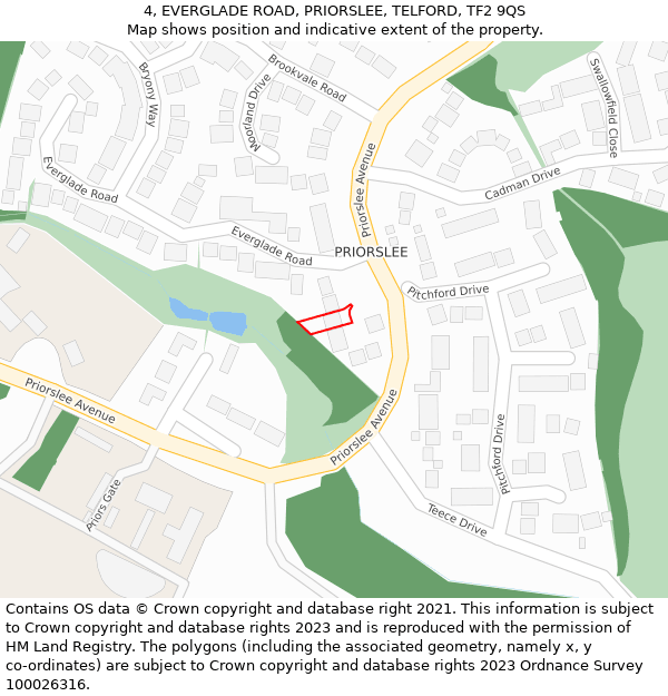 4, EVERGLADE ROAD, PRIORSLEE, TELFORD, TF2 9QS: Location map and indicative extent of plot