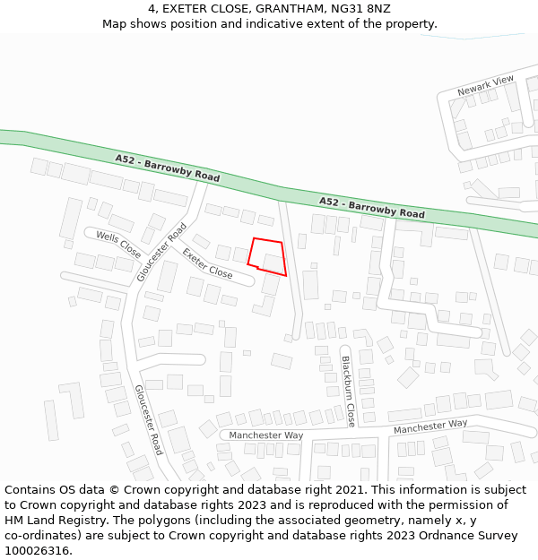 4, EXETER CLOSE, GRANTHAM, NG31 8NZ: Location map and indicative extent of plot