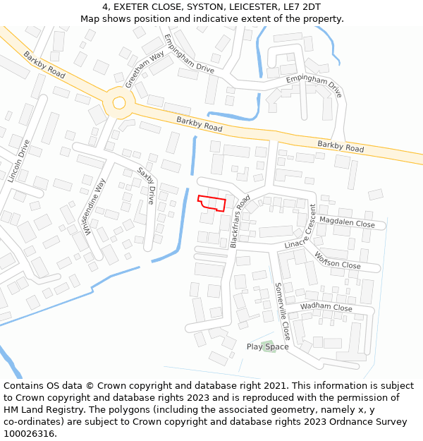 4, EXETER CLOSE, SYSTON, LEICESTER, LE7 2DT: Location map and indicative extent of plot