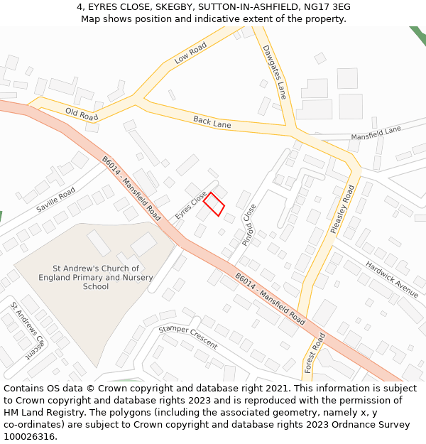 4, EYRES CLOSE, SKEGBY, SUTTON-IN-ASHFIELD, NG17 3EG: Location map and indicative extent of plot