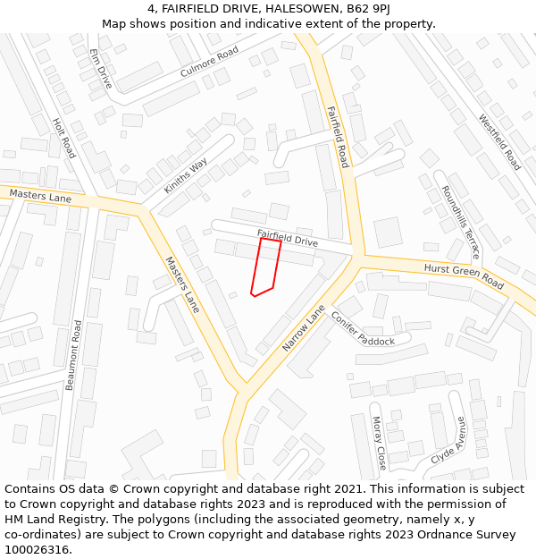 4, FAIRFIELD DRIVE, HALESOWEN, B62 9PJ: Location map and indicative extent of plot