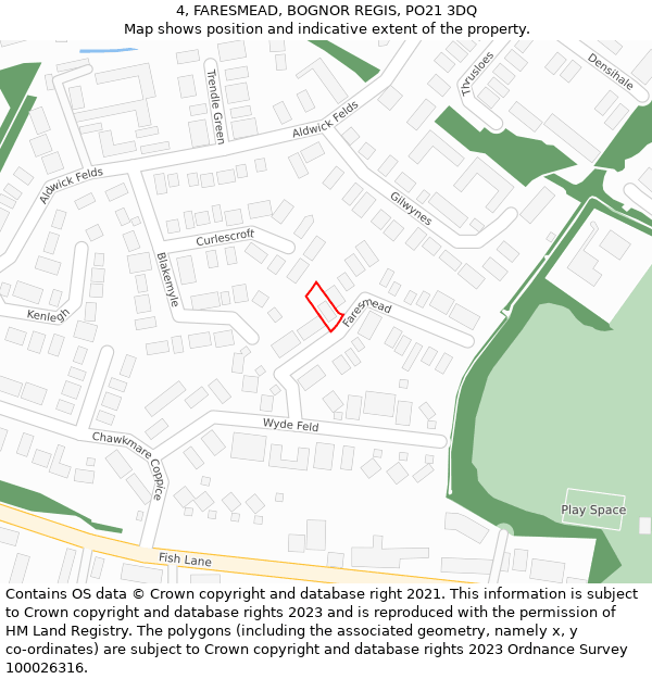 4, FARESMEAD, BOGNOR REGIS, PO21 3DQ: Location map and indicative extent of plot