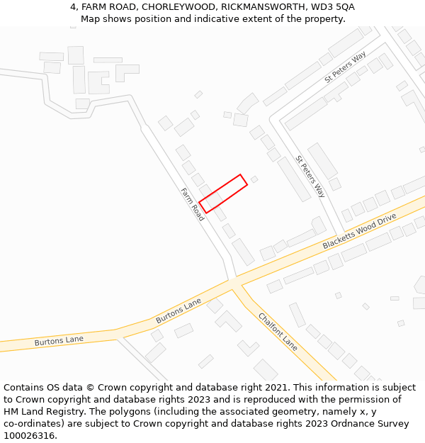 4, FARM ROAD, CHORLEYWOOD, RICKMANSWORTH, WD3 5QA: Location map and indicative extent of plot