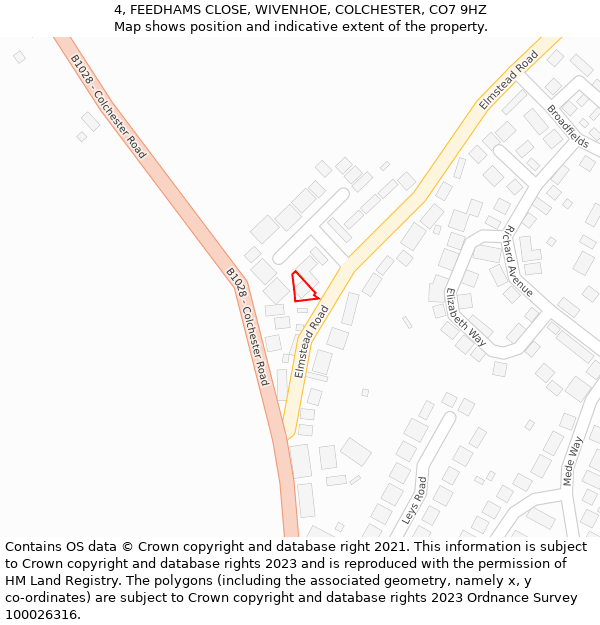 4, FEEDHAMS CLOSE, WIVENHOE, COLCHESTER, CO7 9HZ: Location map and indicative extent of plot