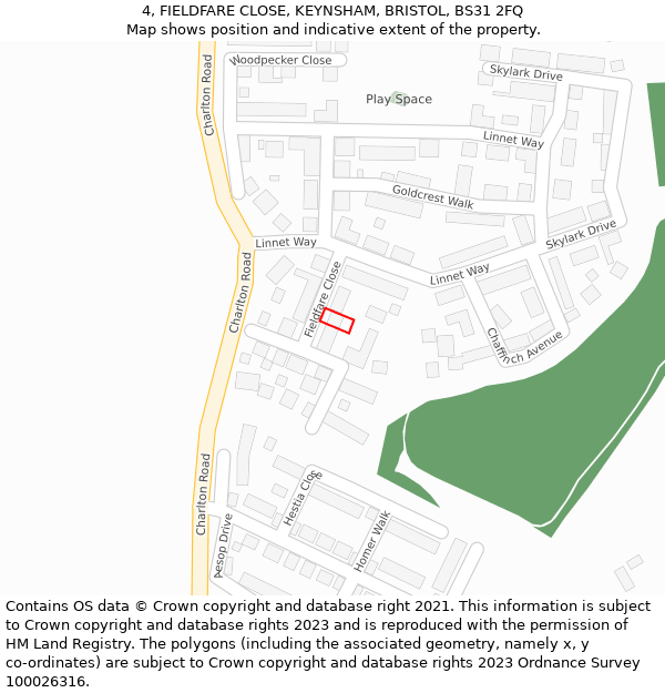 4, FIELDFARE CLOSE, KEYNSHAM, BRISTOL, BS31 2FQ: Location map and indicative extent of plot