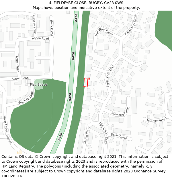 4, FIELDFARE CLOSE, RUGBY, CV23 0WS: Location map and indicative extent of plot