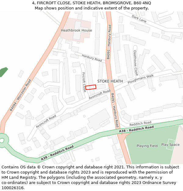 4, FIRCROFT CLOSE, STOKE HEATH, BROMSGROVE, B60 4NQ: Location map and indicative extent of plot