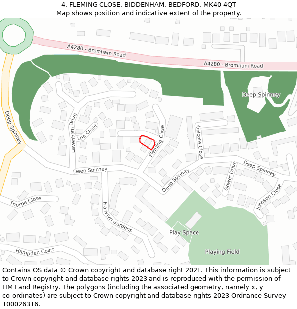 4, FLEMING CLOSE, BIDDENHAM, BEDFORD, MK40 4QT: Location map and indicative extent of plot