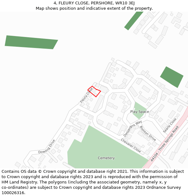 4, FLEURY CLOSE, PERSHORE, WR10 3EJ: Location map and indicative extent of plot