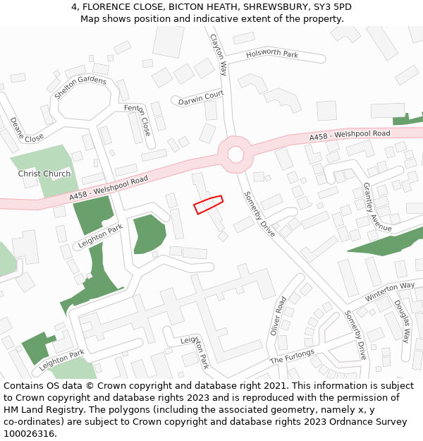 4, FLORENCE CLOSE, BICTON HEATH, SHREWSBURY, SY3 5PD: Location map and indicative extent of plot